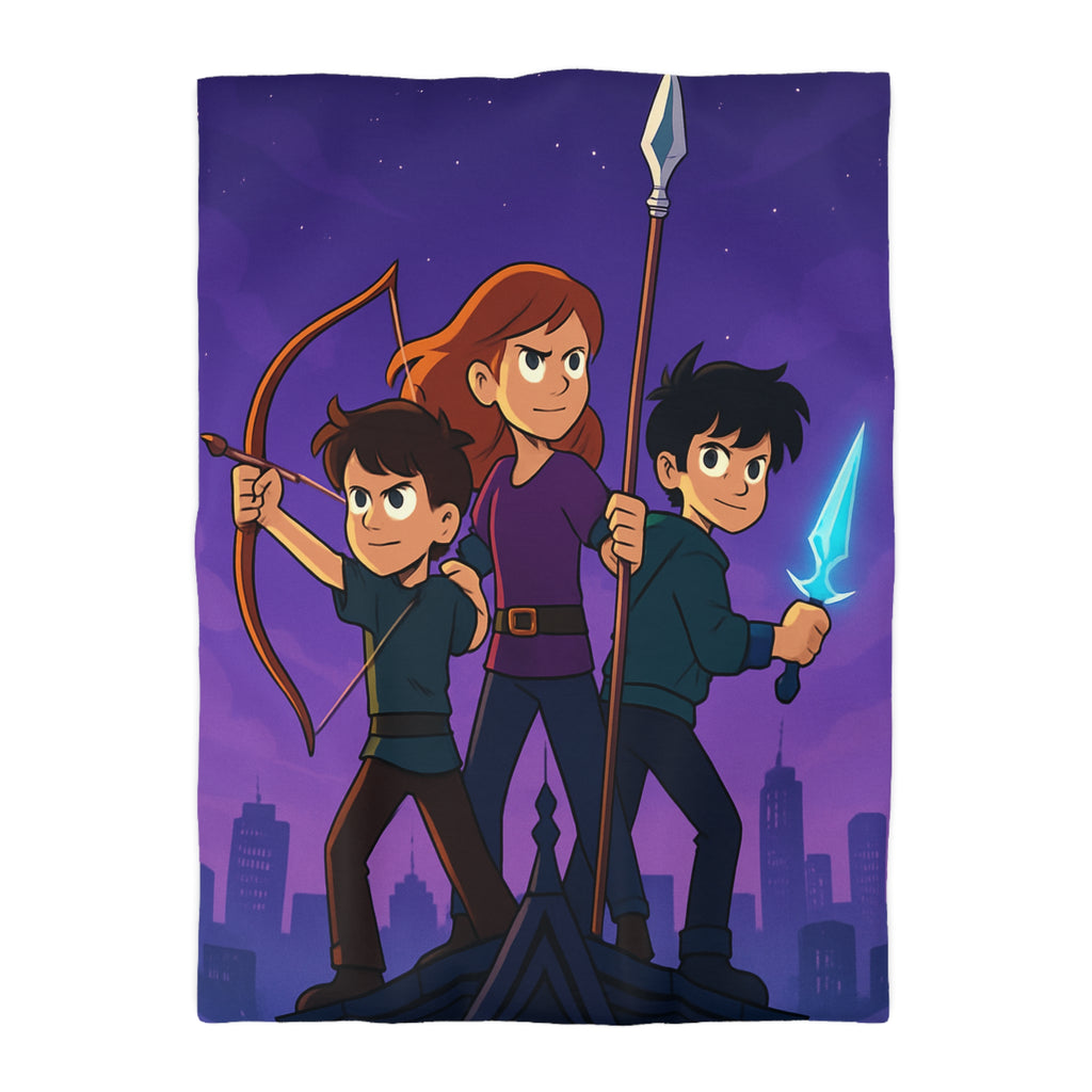 Housse de couette urbaine illustrée, ambiance aventure mystique avec enfants et armes