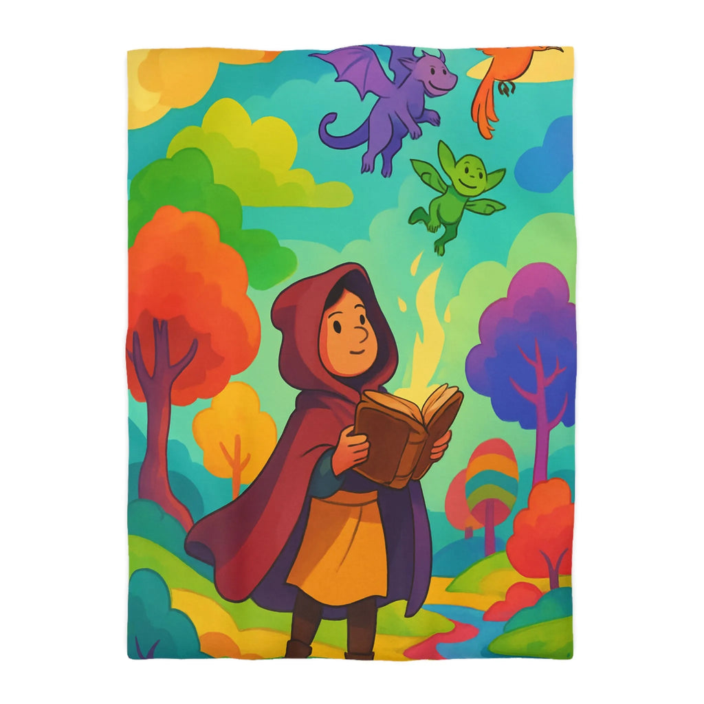 Housse de couette colorée avec scène magique de livre et créatures fantastiques