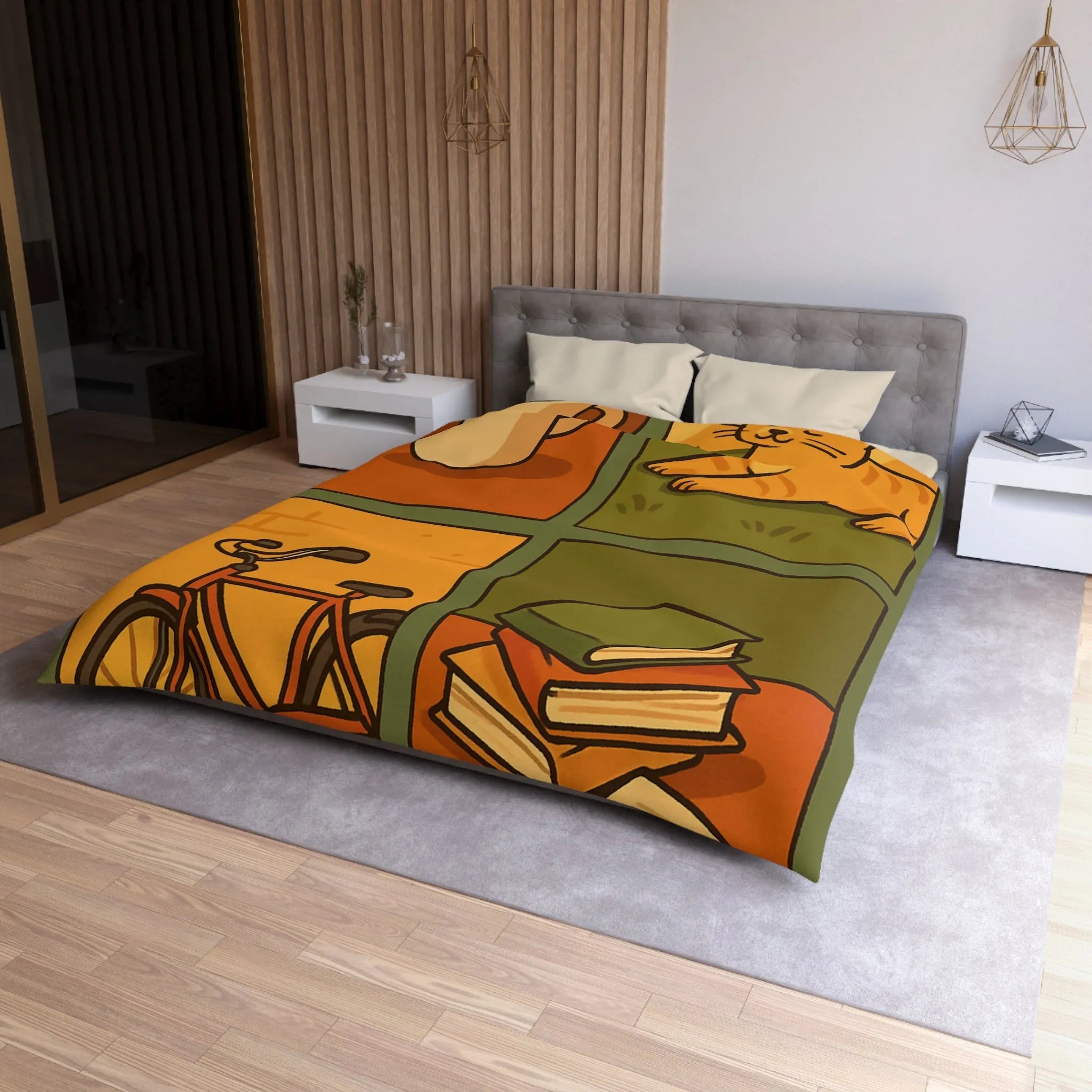 Housse de Couette Décontractée avec Chat Orange, Café, Vélo et Livres Colorés