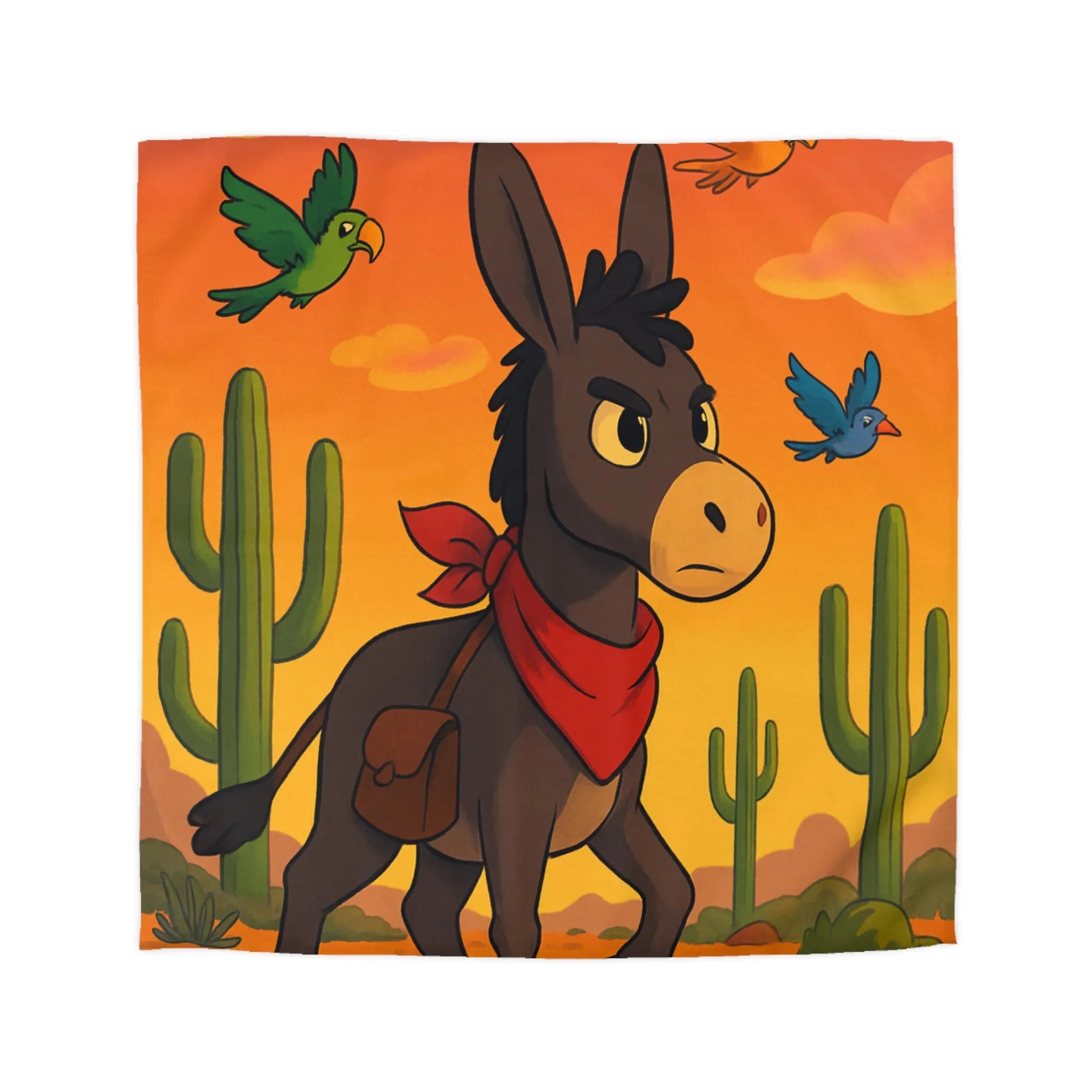 Housse de couette avec âne mignon et oiseaux colorés en désert animé
