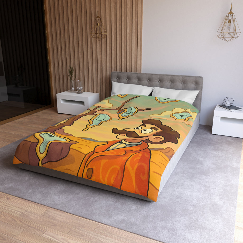 Housse de couette style surréaliste avec montres molles et paysage désertique vibrant