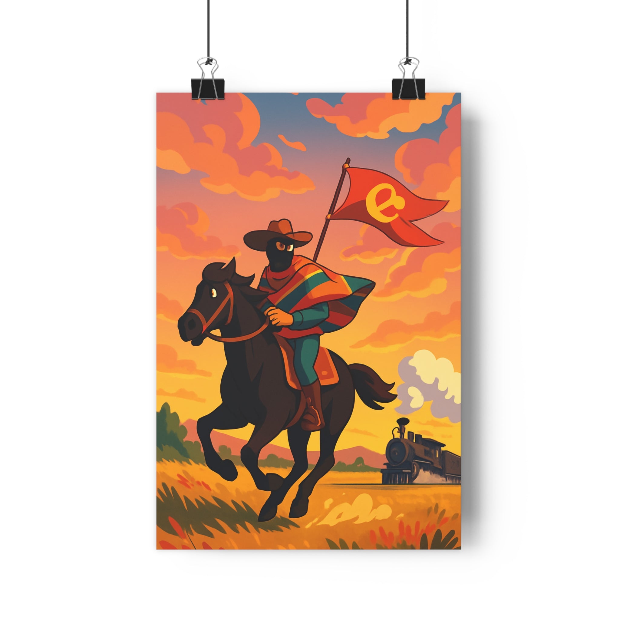 Poster décoratif cavalier aventure noir rouge jaune cartoon vibrant salon chambre bureau tendance qualité