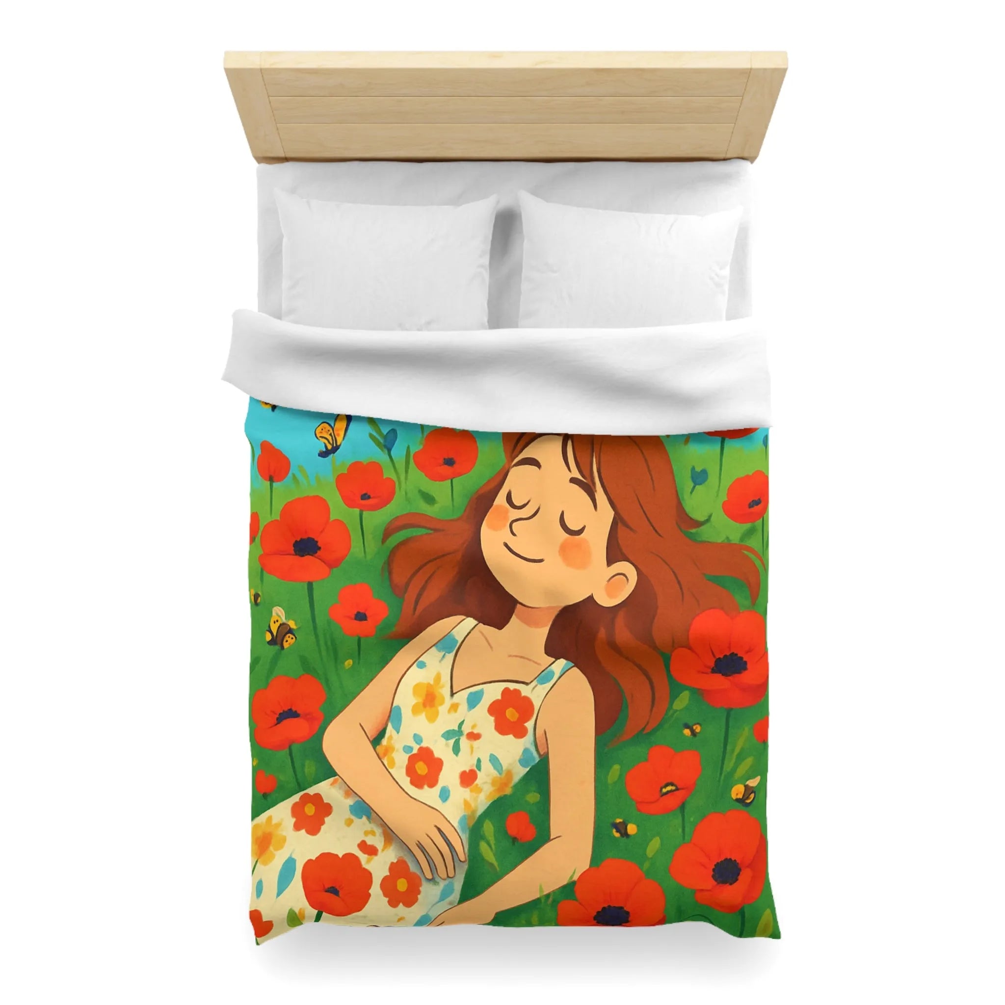 Housse de couette colorée avec motif floral et personnage rêveur en été ensoleillé