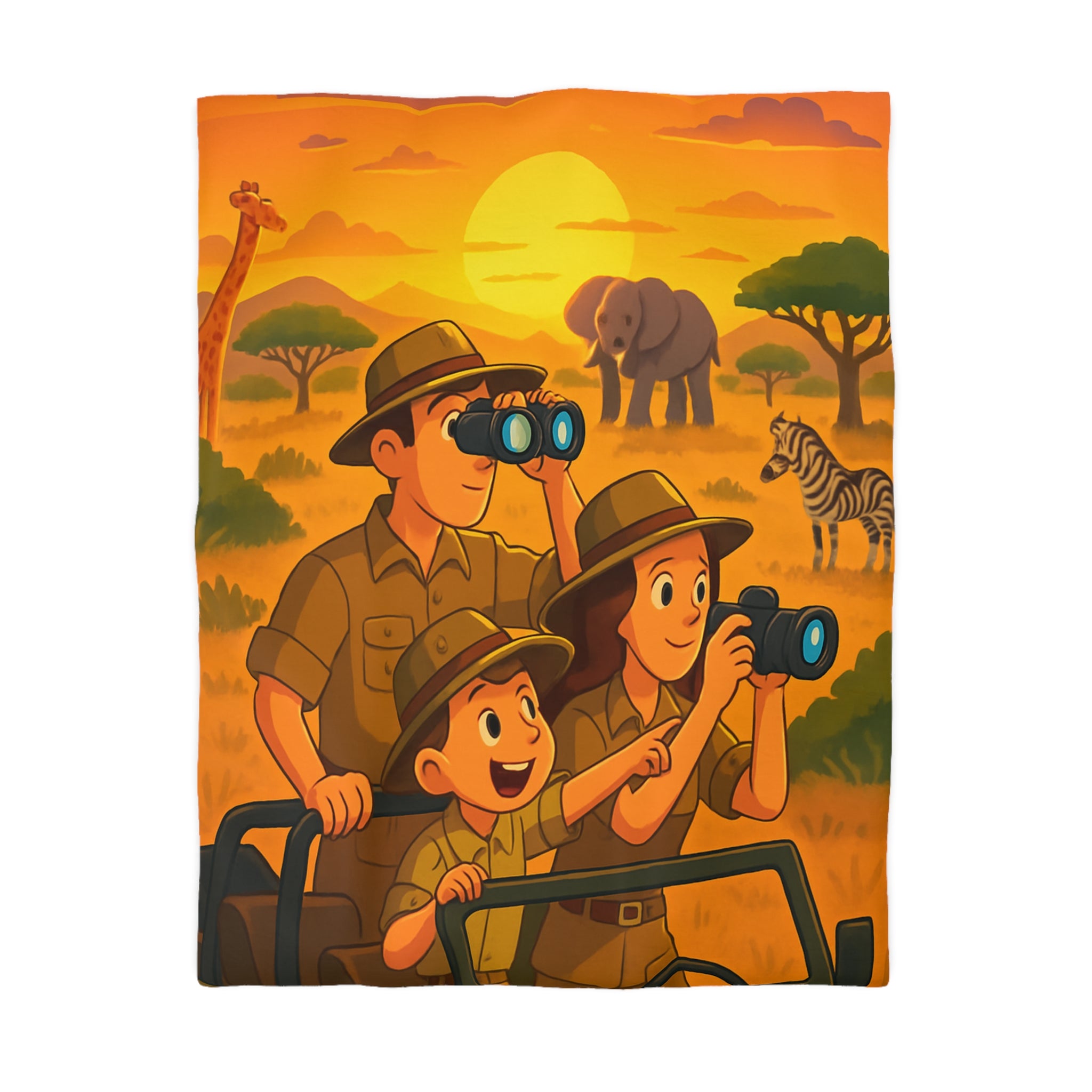 Safari familial au coucher du soleil avec jumelles, appareils photo, éléphant et girafe