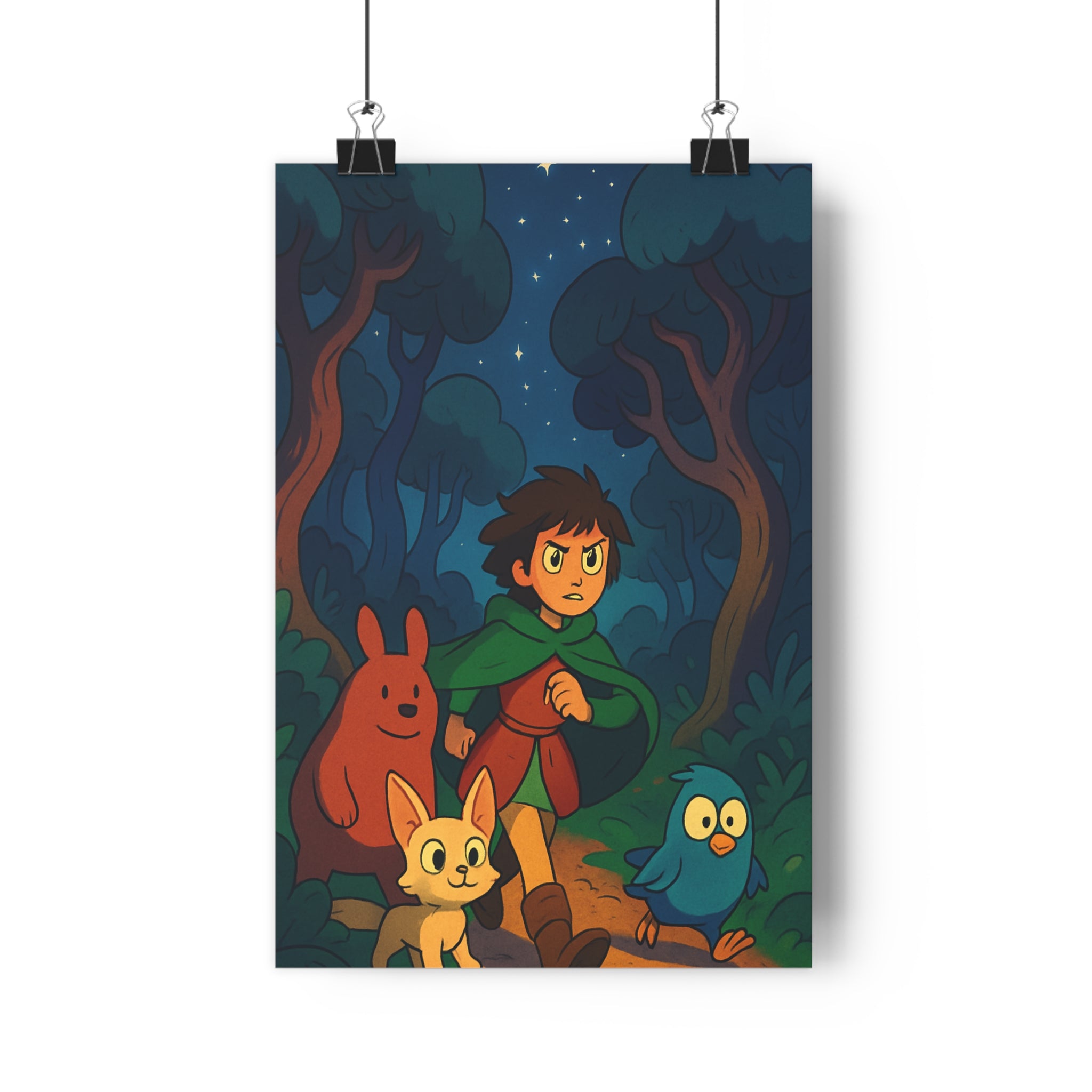 Poster décoratif cartoon vert bleu mystique aventure enfant forêt magique chambre tendance captivant élégant