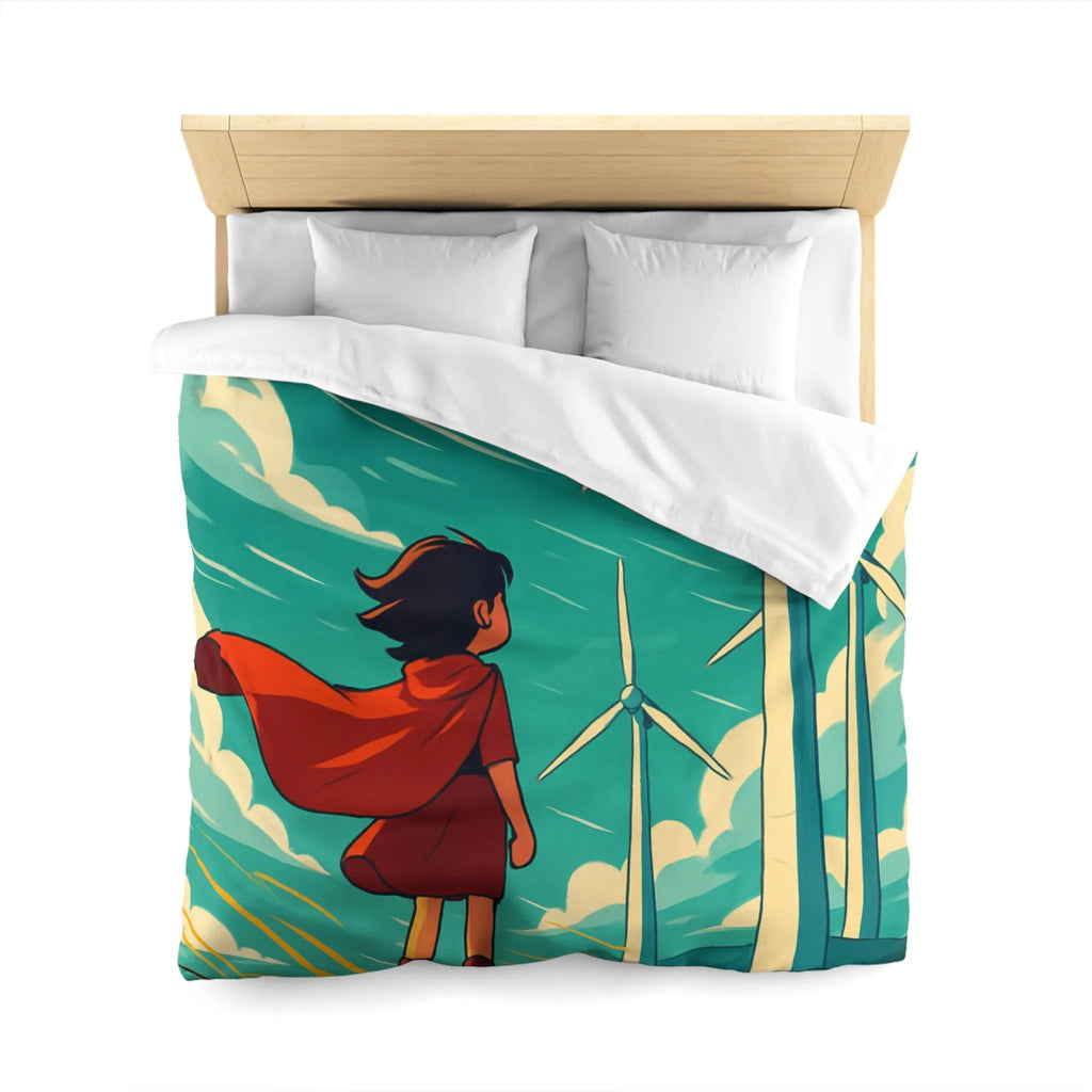 Housse de Couette Enfant avec Éoliennes et Paysage Venté Rouge et Bleu