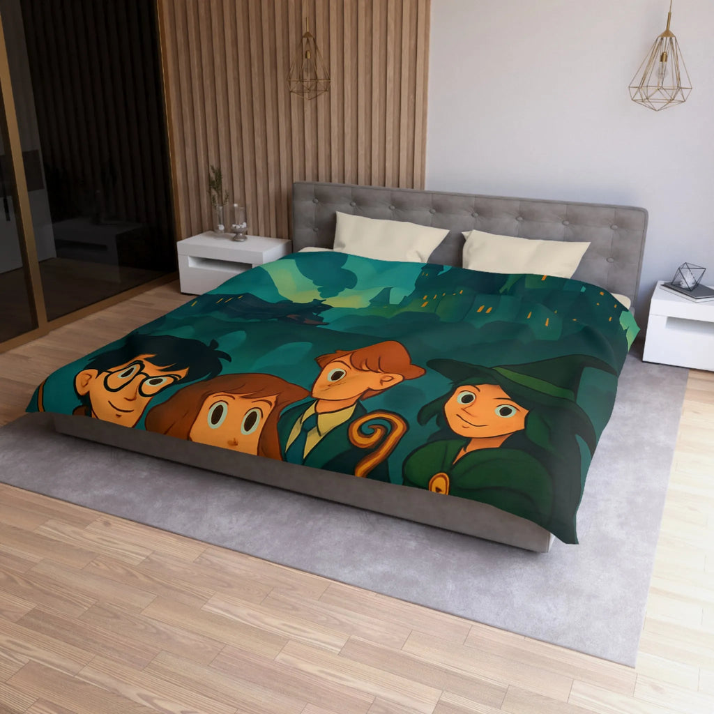 Housse de couette magique avec château et étudiants en sorcellerie dans une forêt enchantée