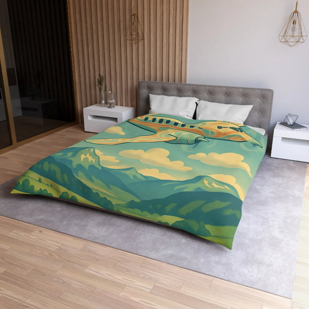 Housse de couette illustrée avion vintage survolant vallée montagneuse ensoleillée et paisible