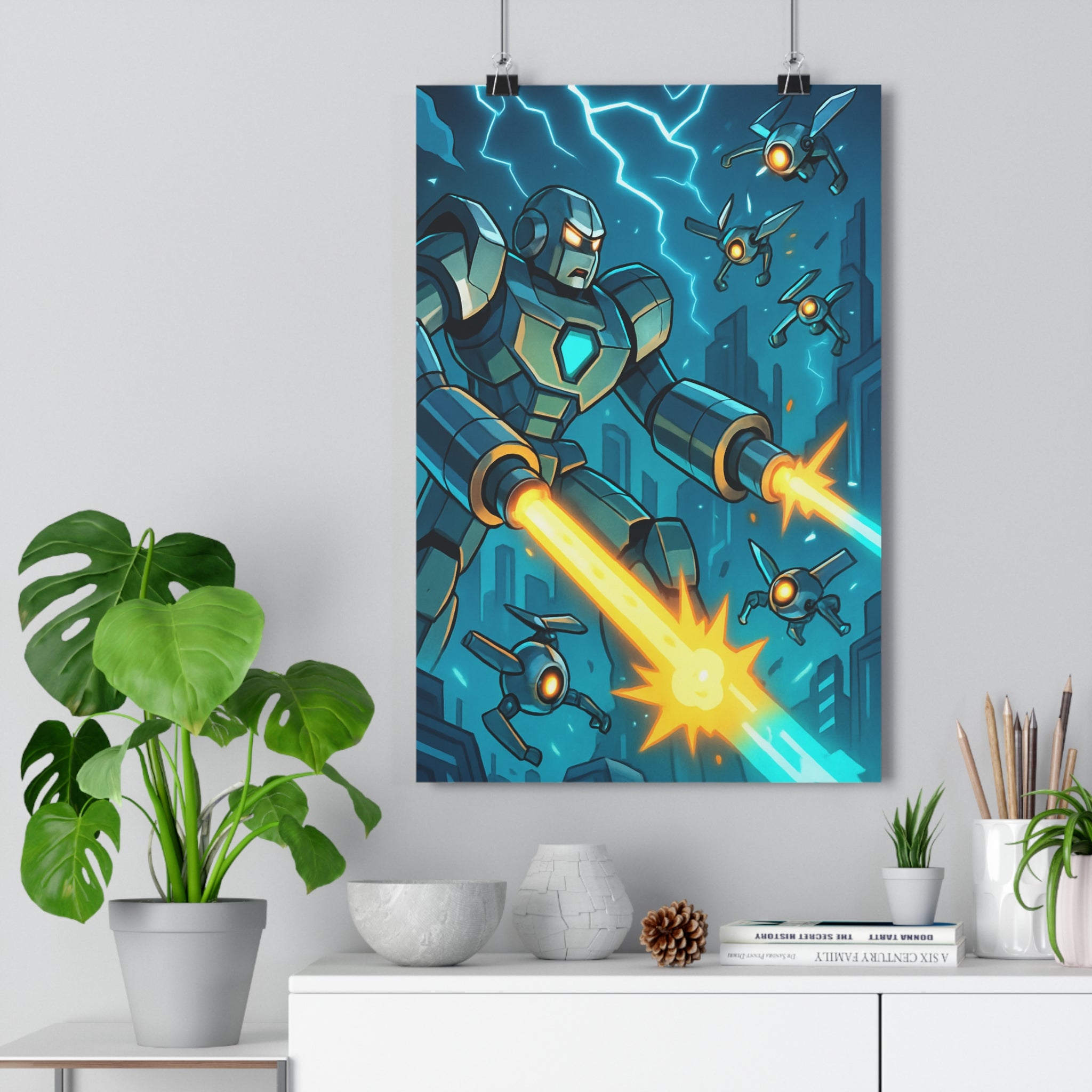 Poster décoratif cybernétique bleu orange cartoon dynamique chambre salon électrique intense impression qualité premium