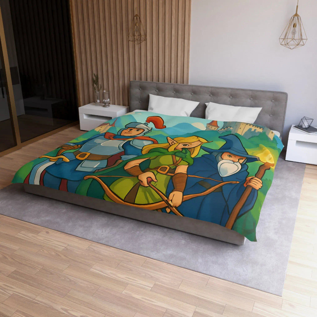Housse de Couette Fantasy avec Chevalier, Archer Elf, Magicien, Château et Dragons