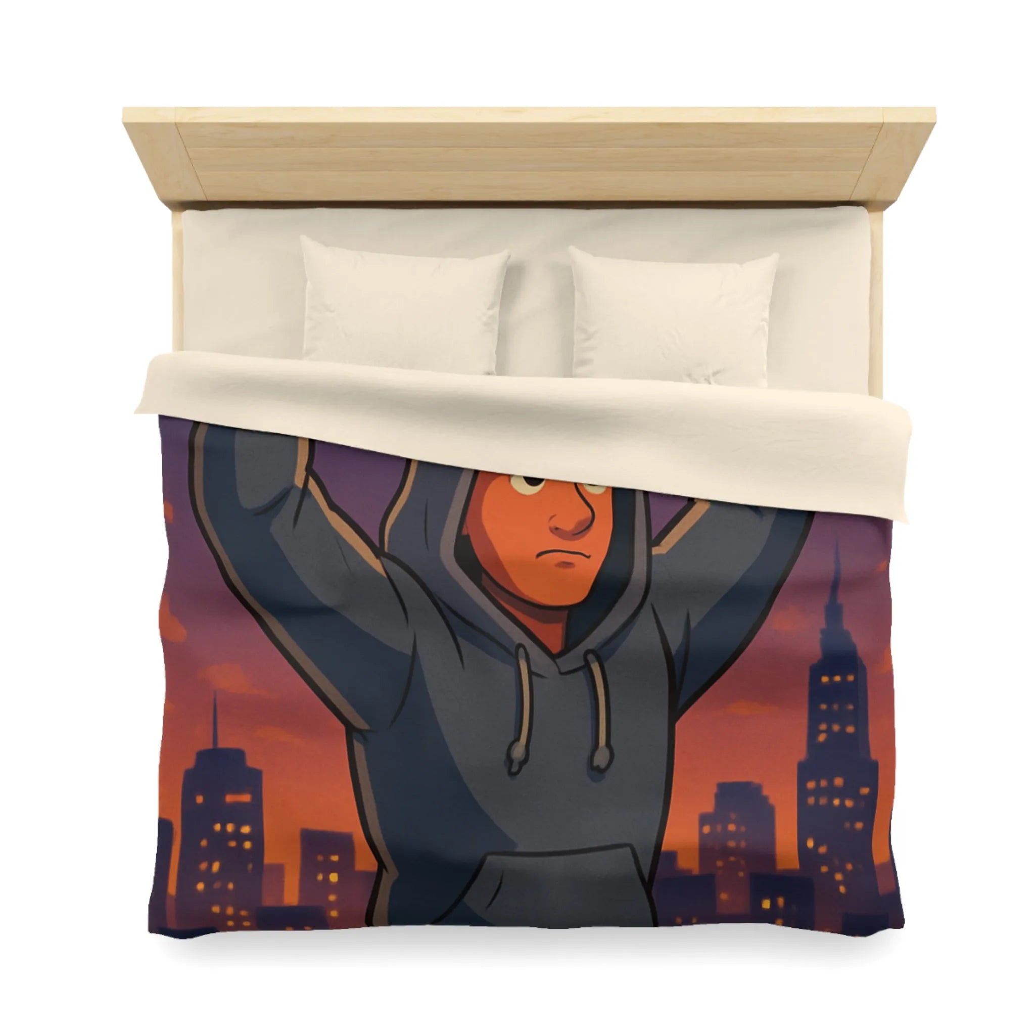 Housse de couette avec boxeur déterminé sous ciel de crépuscule en ville