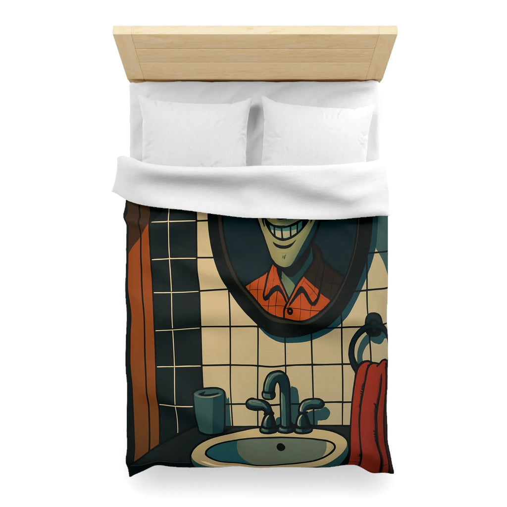 Housse de couette graphique avec dessin animé miroir effrayant et carreaux de salle de bain