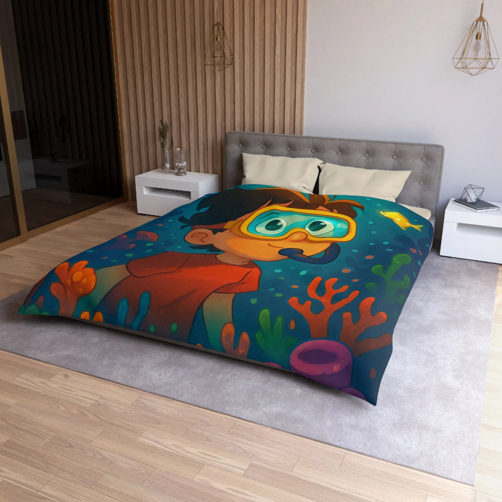 Housse de couette enfantine avec motif sous-marin coloré poisson et garçon plongeur dessiné