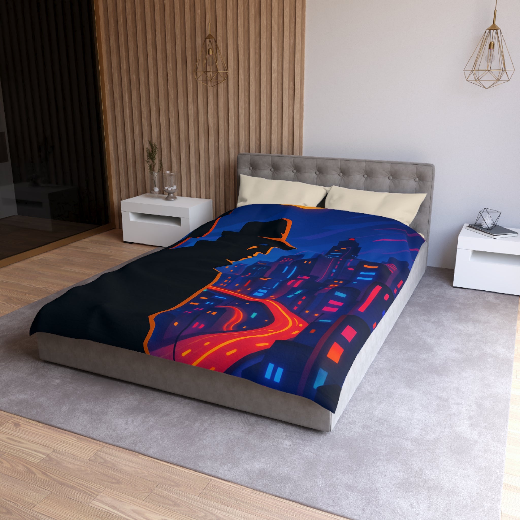 Housse de couette rétro mystérieuse avec silhouette urbaine nocturne et routes lumineuses