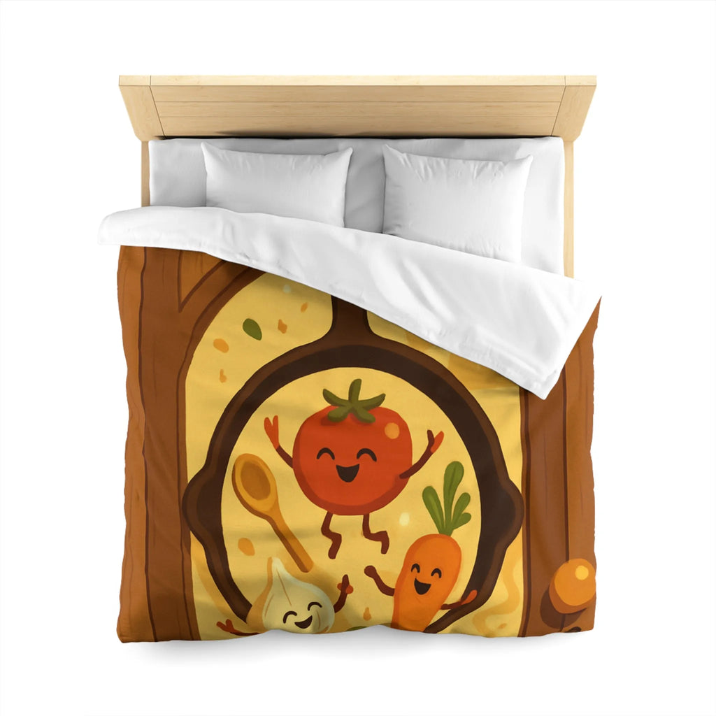 Housse de couette joyeuse avec légumes dans une poêle ambiance cuisine chaleureuse