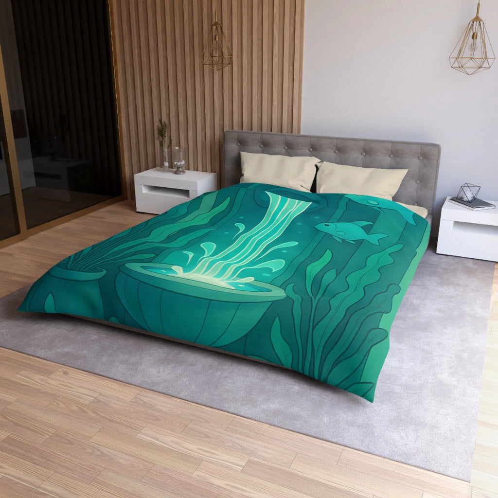 Housse de Couette Art Nouveau Illustrée Fontaine Poissons Teintes Bleues Calmes Décoration Intérieure