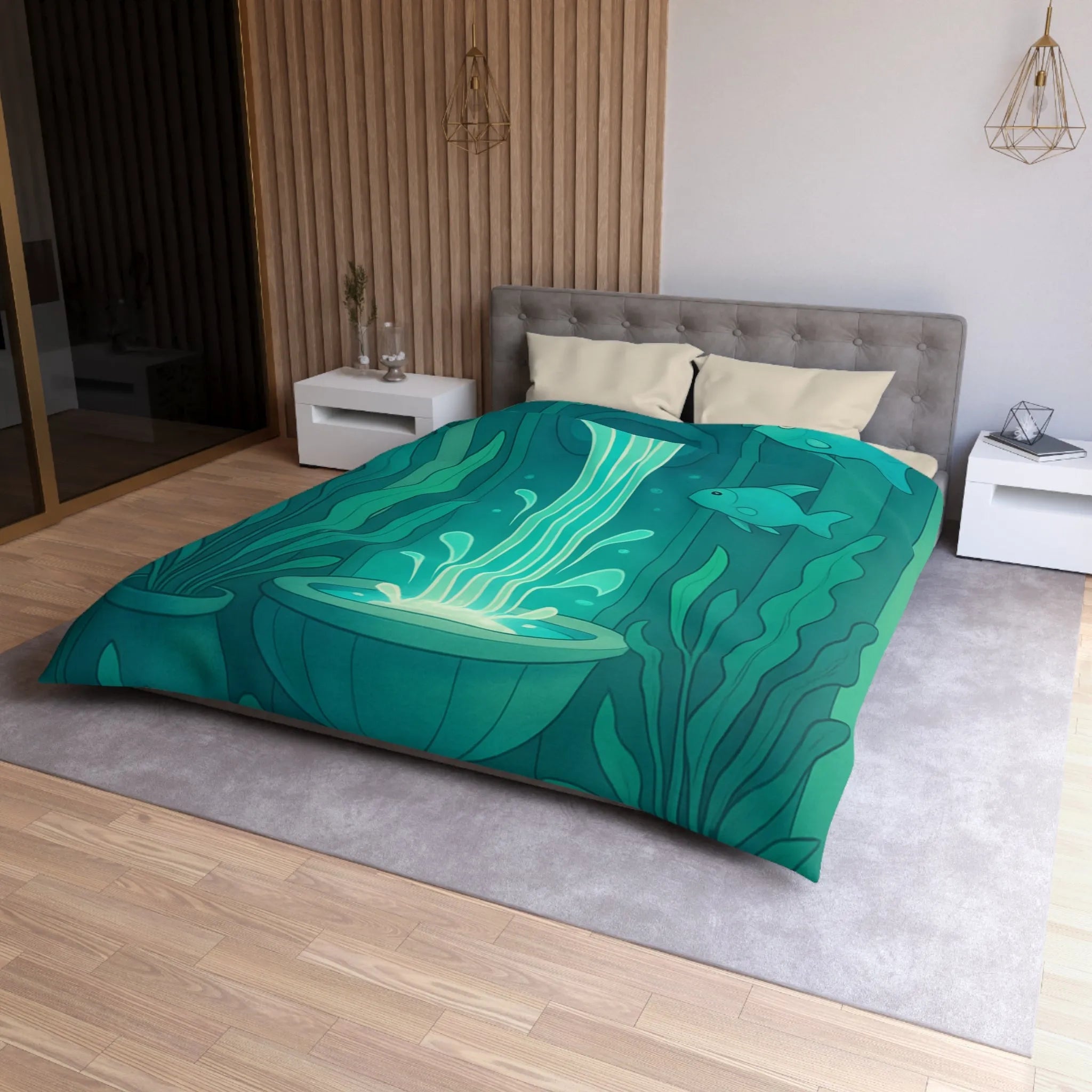 Housse de Couette Art Nouveau Illustrée Fontaine Poissons Teintes Bleues Calmes Décoration Intérieure