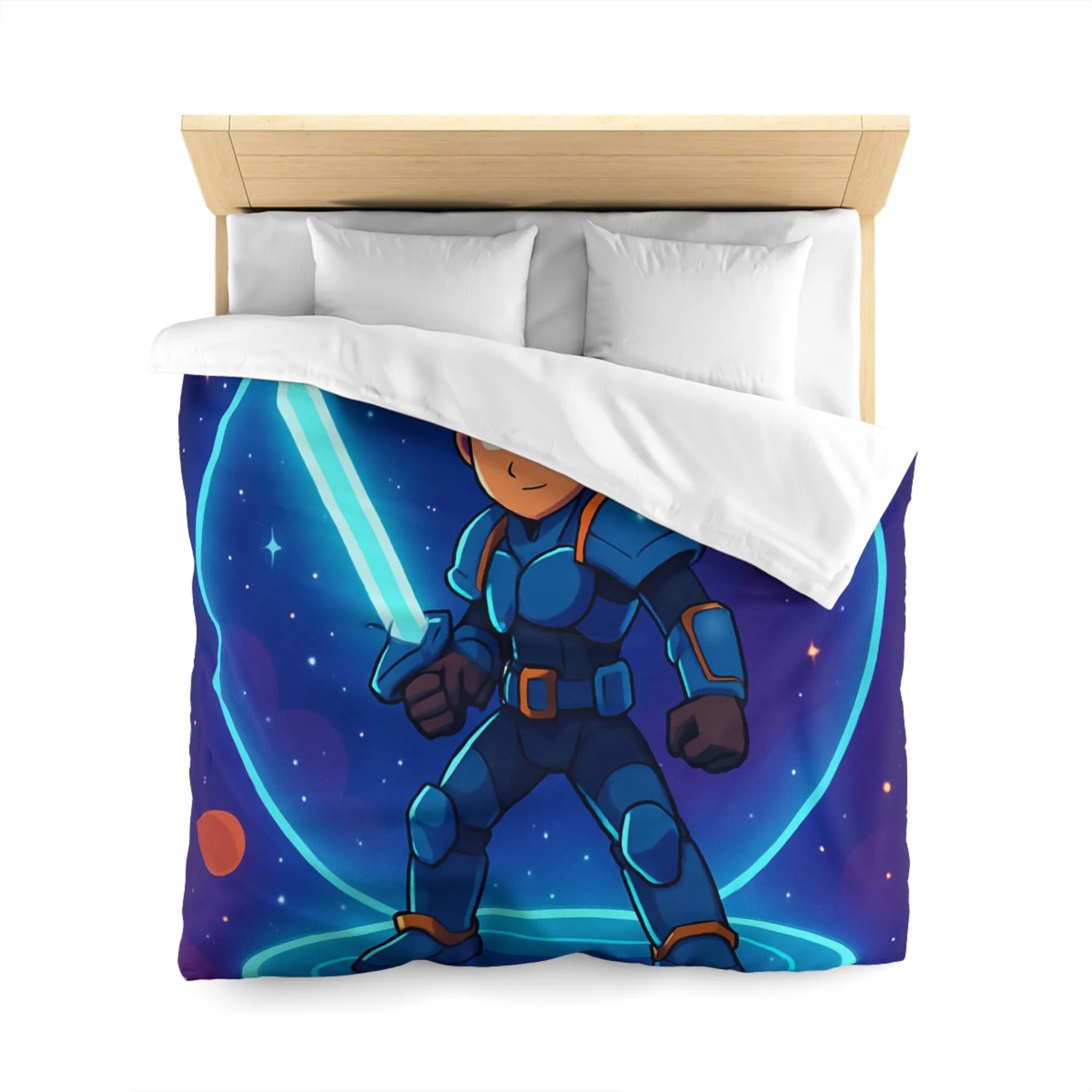 Ensemble galactique animé avec jeune héros et épée lumineuse sur fond cosmique vibrant