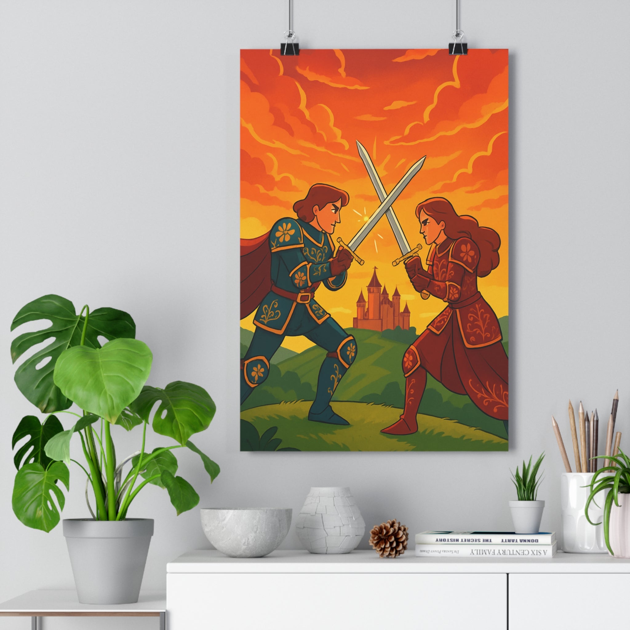 Poster décoratif épique chevaliers duel médiéval rouge bleu orange salon chambre majestueux ambiance qualité