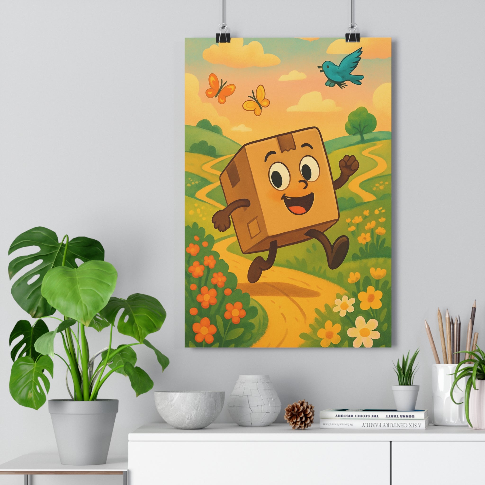 Poster décoratif cartoon joyeux vert coloré enfant chambre paysage nature ambiance charmante fleurs oiseau