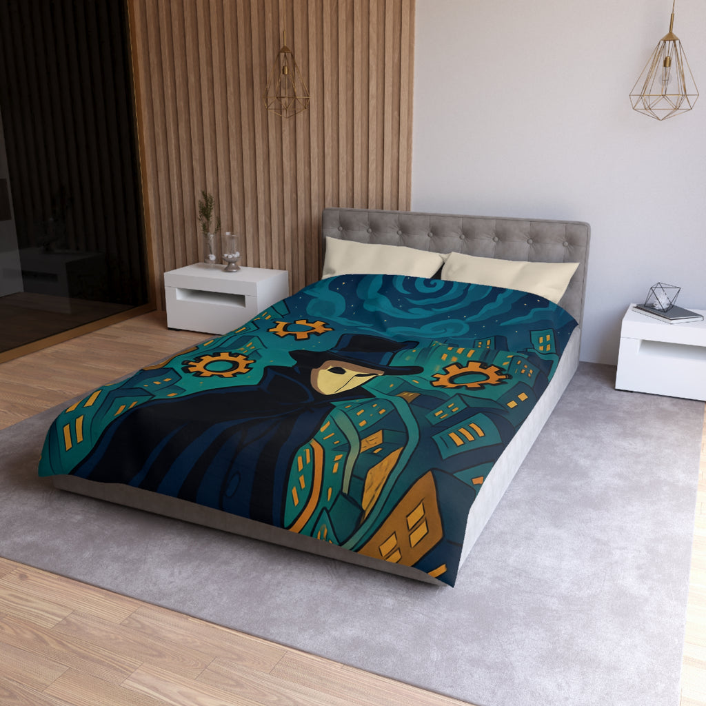 Housse de couette mystérieuse avec personnage masqué, engrenages dorés et ville nocturne