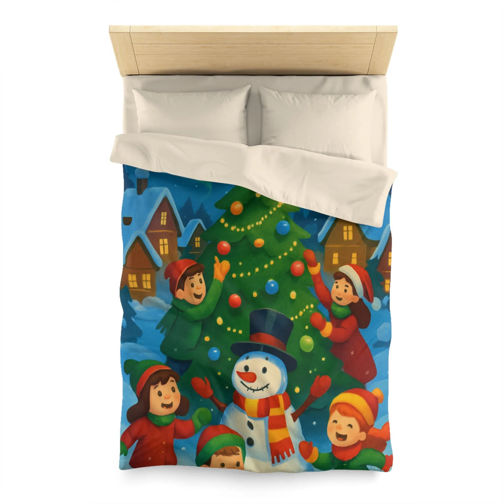 Housse de couette enfants scène festive avec bonhomme de neige et aurore boréale lumineuse