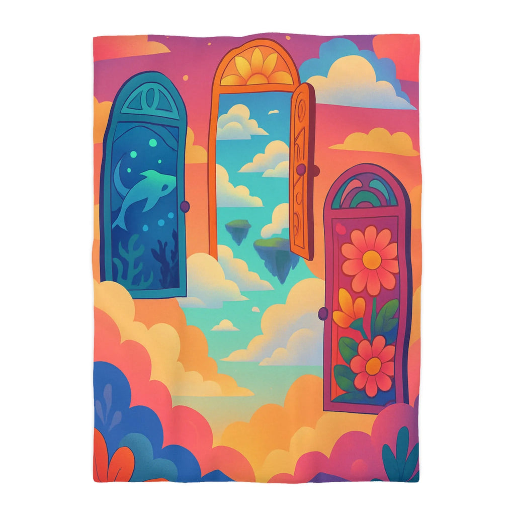 Housse de couette colorée avec trois portes magiques et paysages oniriques enchanteurs