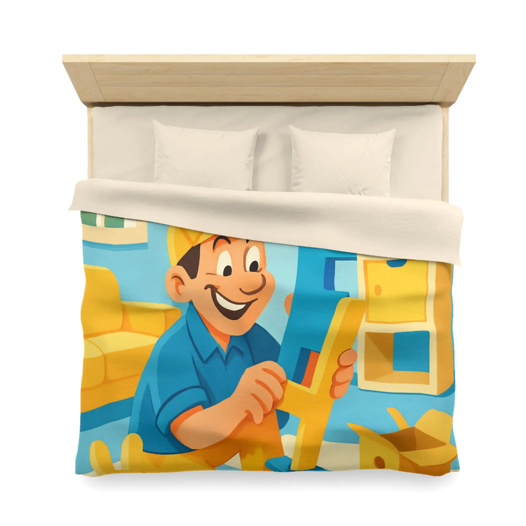 Housse de couette colorée avec personnage joyeux assemblant des jouets dans une pièce ensoleillée