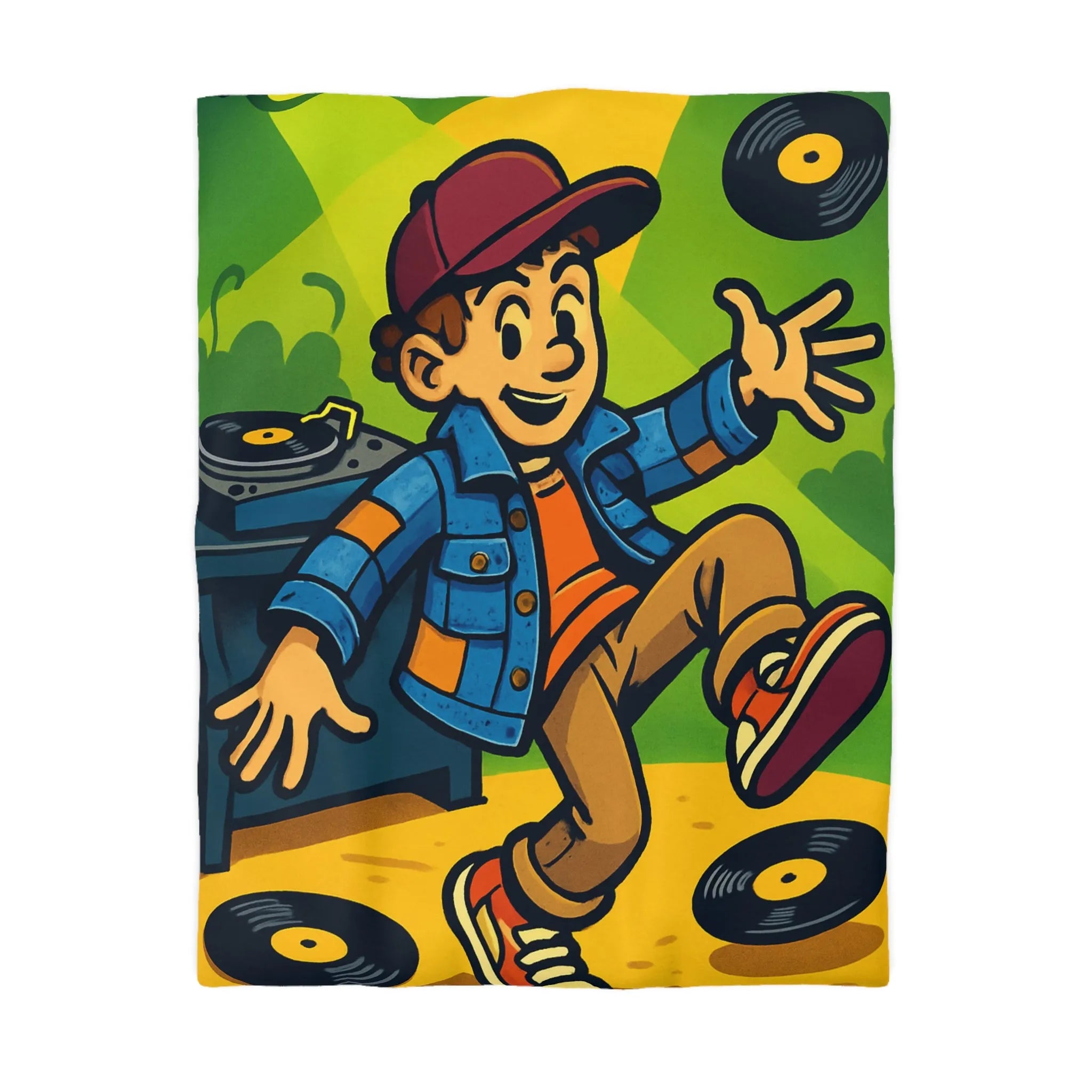 Housse de couette colorée avec danseur joyeux et vinyles dans ambiance rétro festive