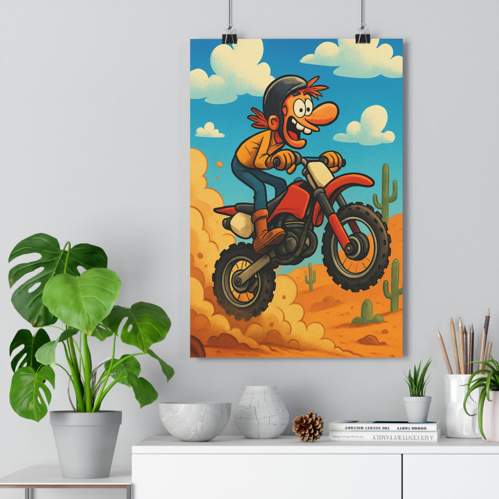 Poster décoratif cartoon ciel bleu orange aventure chambre enfant joyeux dynamique style unique moto