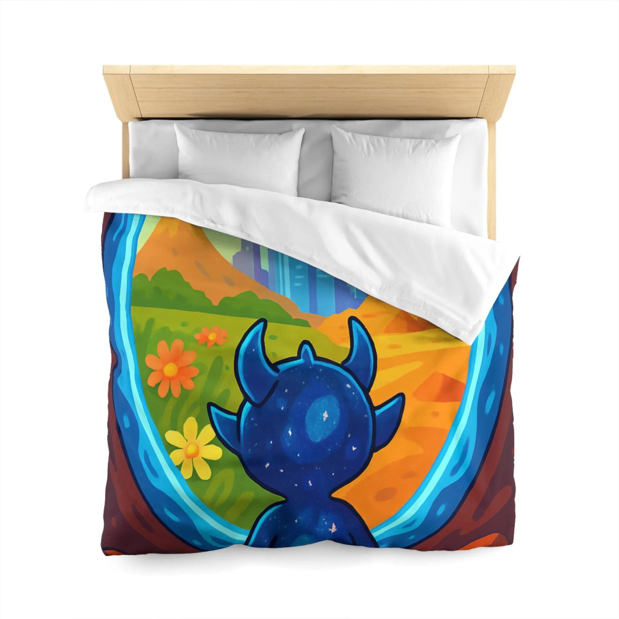 Housse de couette colorée avec créature cosmique et paysage futuriste magique
