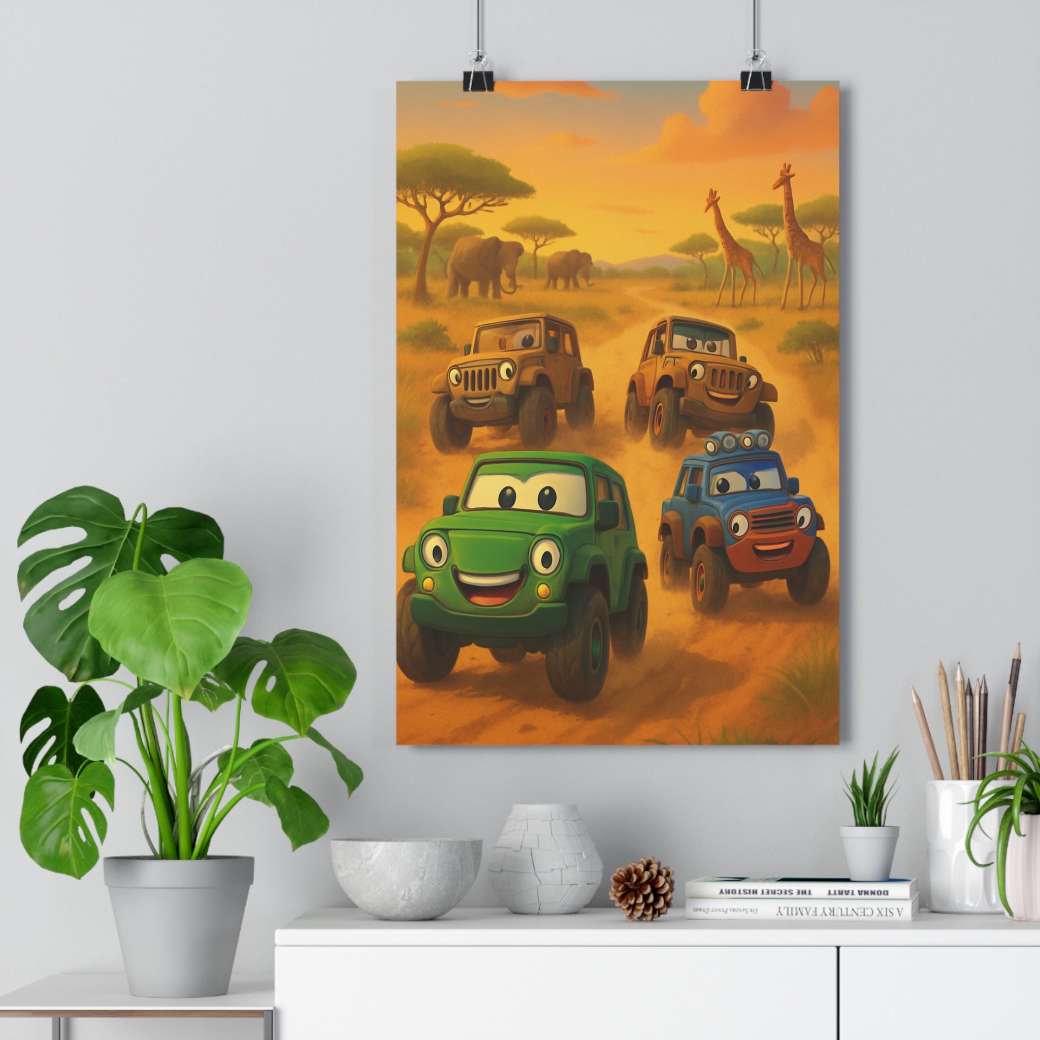 Poster décoratif cartoon coloré safari aventure enfant chambre joyeux éléphants girafes voitures toutterrain 30x46
