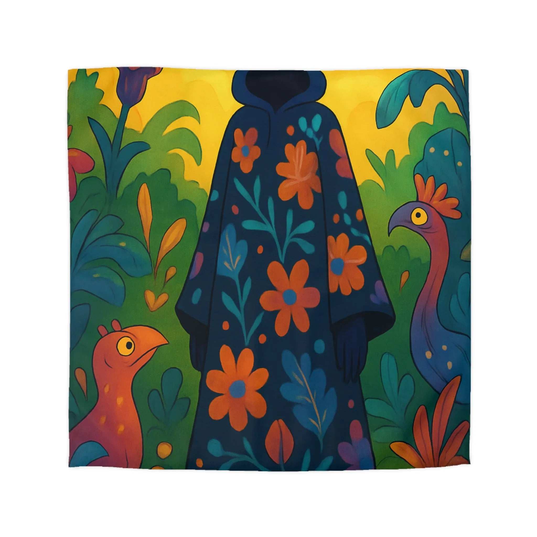 Housse de couette florale mystérieuse avec figure encapuchonnée et oiseaux colorés en forêt