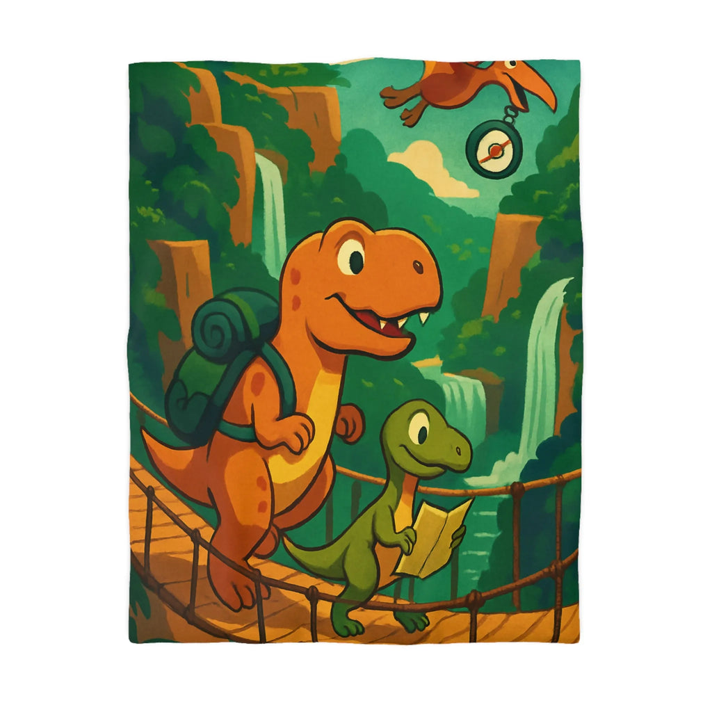 Housse de couette avec dinosaures explorateurs sur pont suspendu dans jungle luxuriante