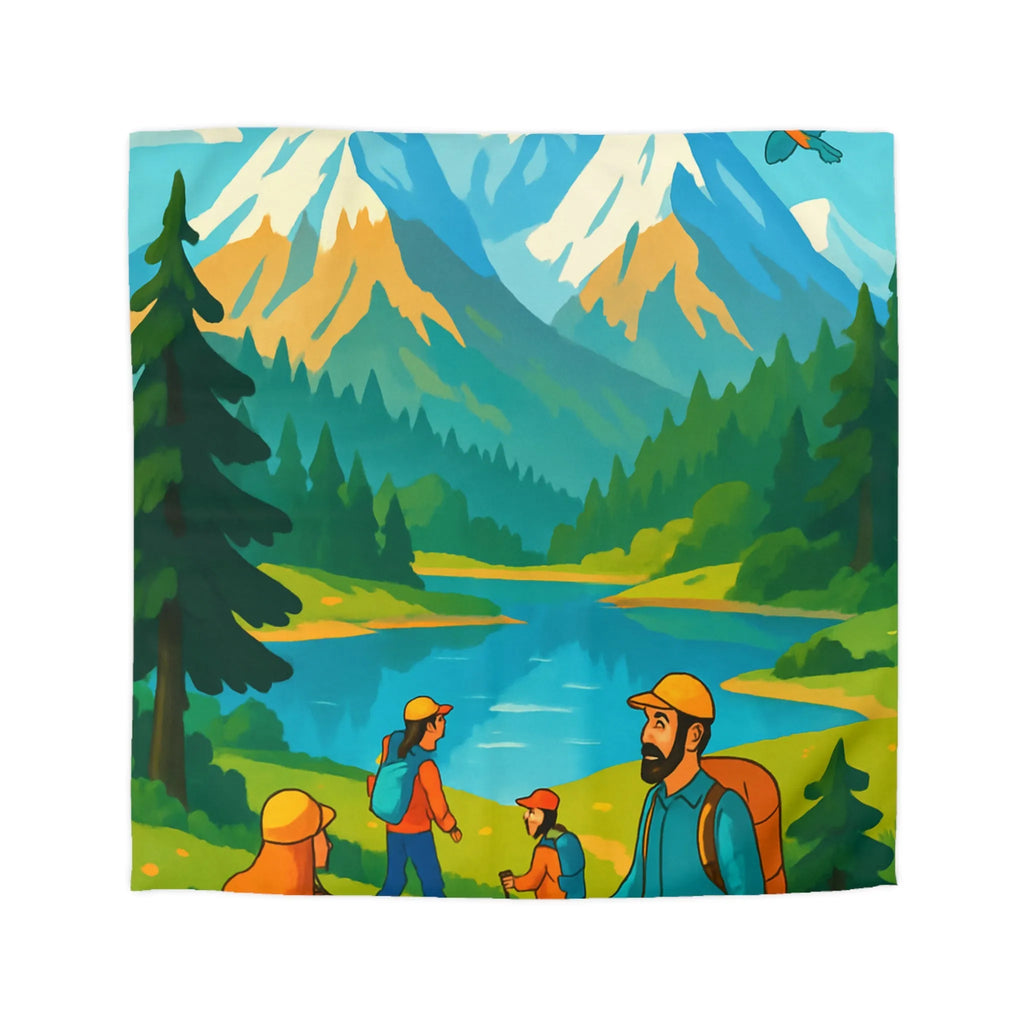 Housse de couette avec famille randonnée devant montagnes majestueuses et lac paisible