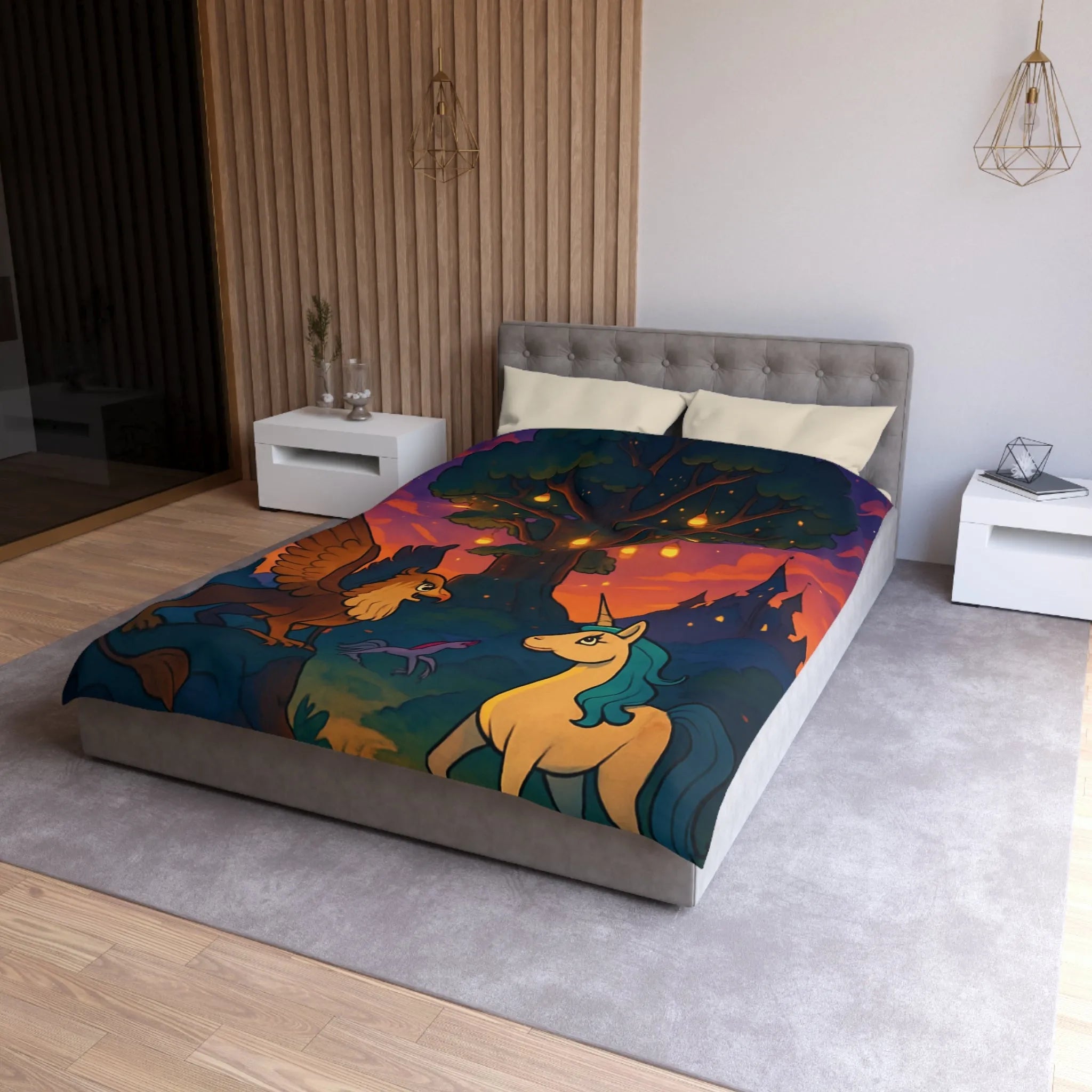 Housse de couette féerique avec licorne et griffon sous arbre lumineux au crépuscule