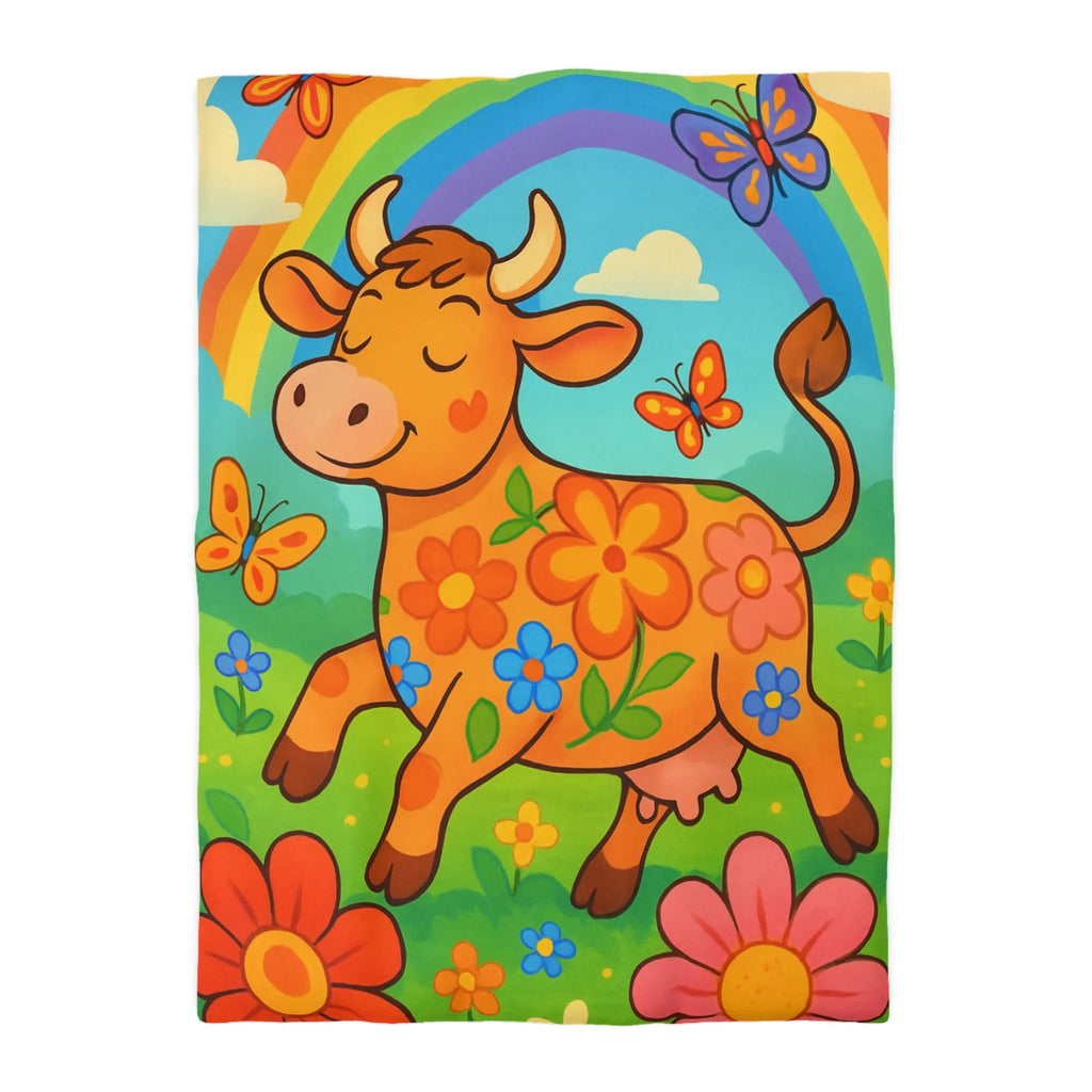 Housse de Couette Enfant Joyeuse Vache Orange Sous Arc-en-Ciel et Papillons Colorés