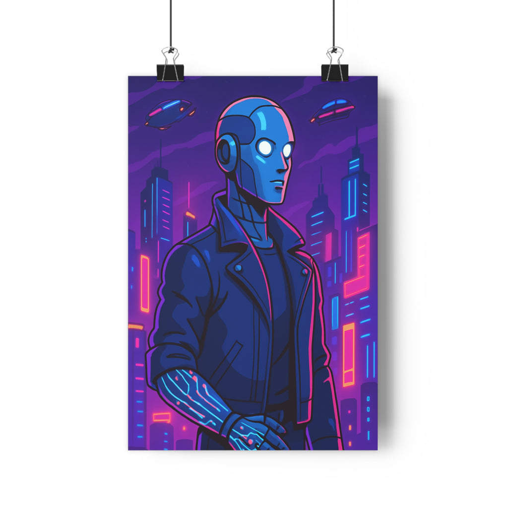 Poster décoratif futuriste bleu violet rose cartoon cyberpunk moderne chambre salon robot électrique ville