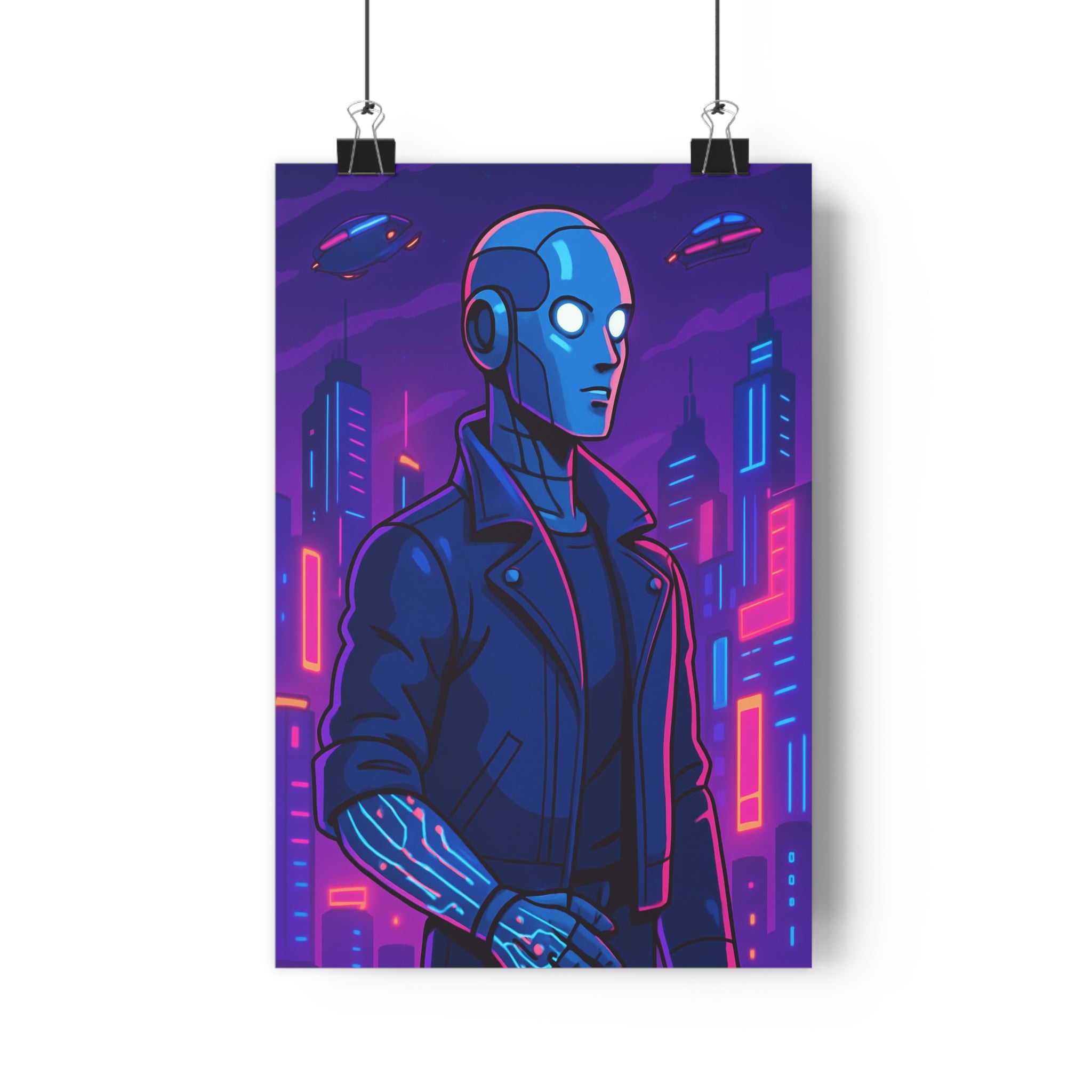 Poster décoratif futuriste bleu violet rose cartoon cyberpunk moderne chambre salon robot électrique ville