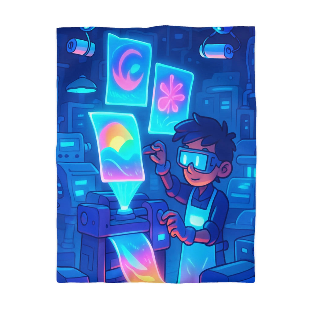 Housse de couette avec design futuriste lumineux d'imprimante et personnage créatif