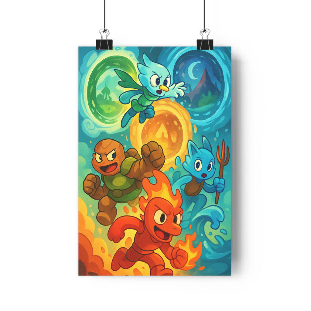 Poster décoratif animé créatures colorées feu vert bleu mystique aventure chambre enfant magique vibrant