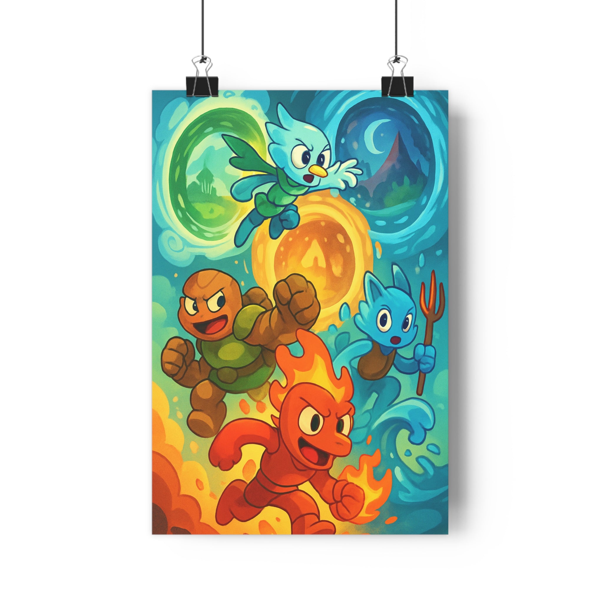 Poster décoratif animé créatures colorées feu vert bleu mystique aventure chambre enfant magique vibrant