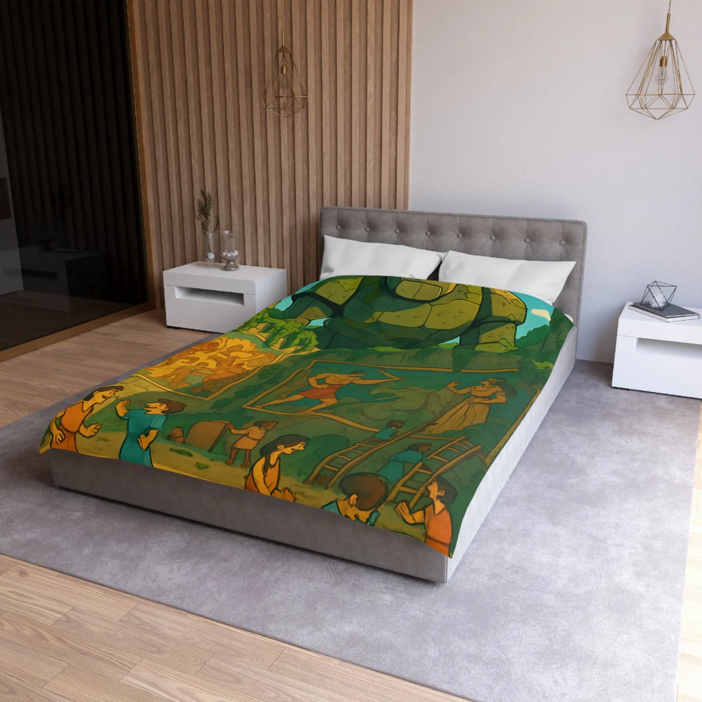 Enchantante parure de lit jardin fantastique avec golem géant et enfants joueurs colorés