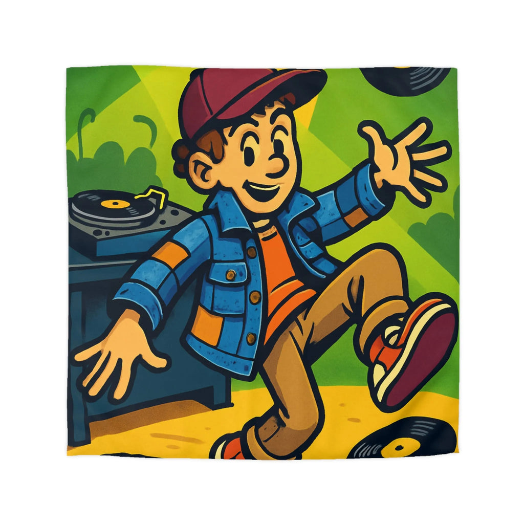 Housse de couette colorée avec danseur joyeux et vinyles dans ambiance rétro festive