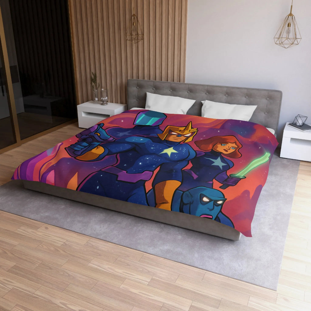 Équipe de héros galactiques armés dans une scène spatiale vibrante avec cristaux