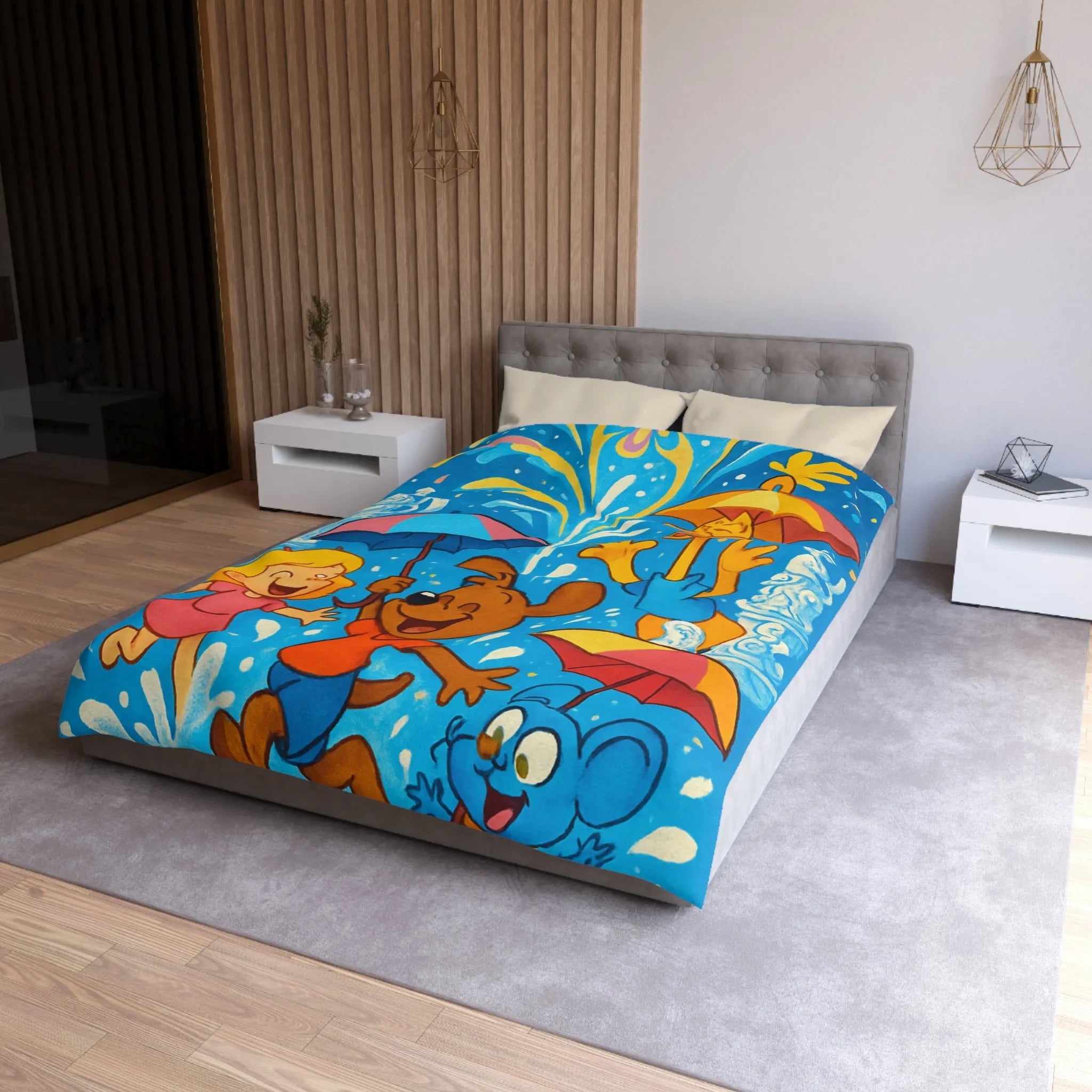 Housse de couette joyeuse avec animaux et enfants sous feux d'artifice colorés