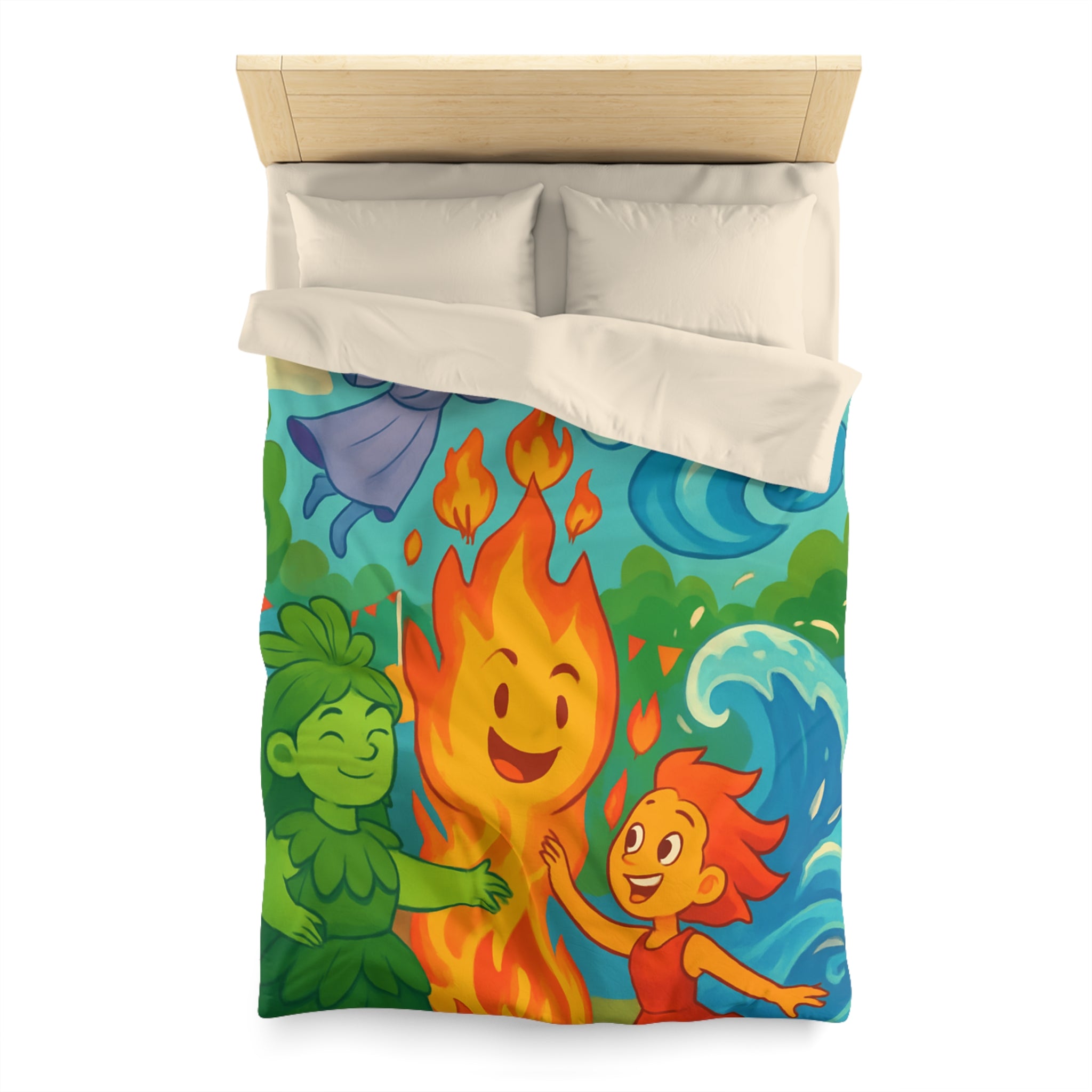Housse de couette vibrante célébrant les quatre éléments dans un style ludique coloré