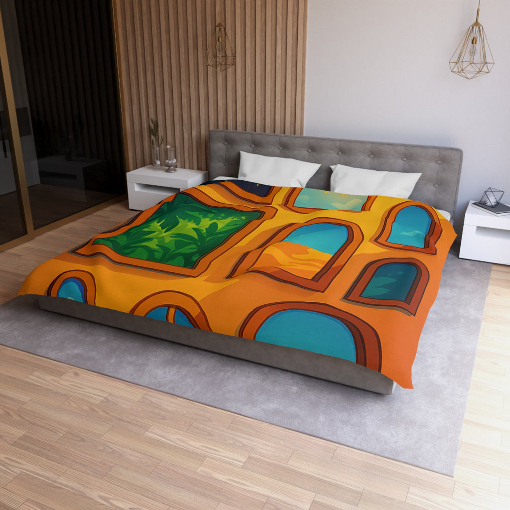 Housse de couette vibrante avec fenêtres sur l'univers et paysages exotiques