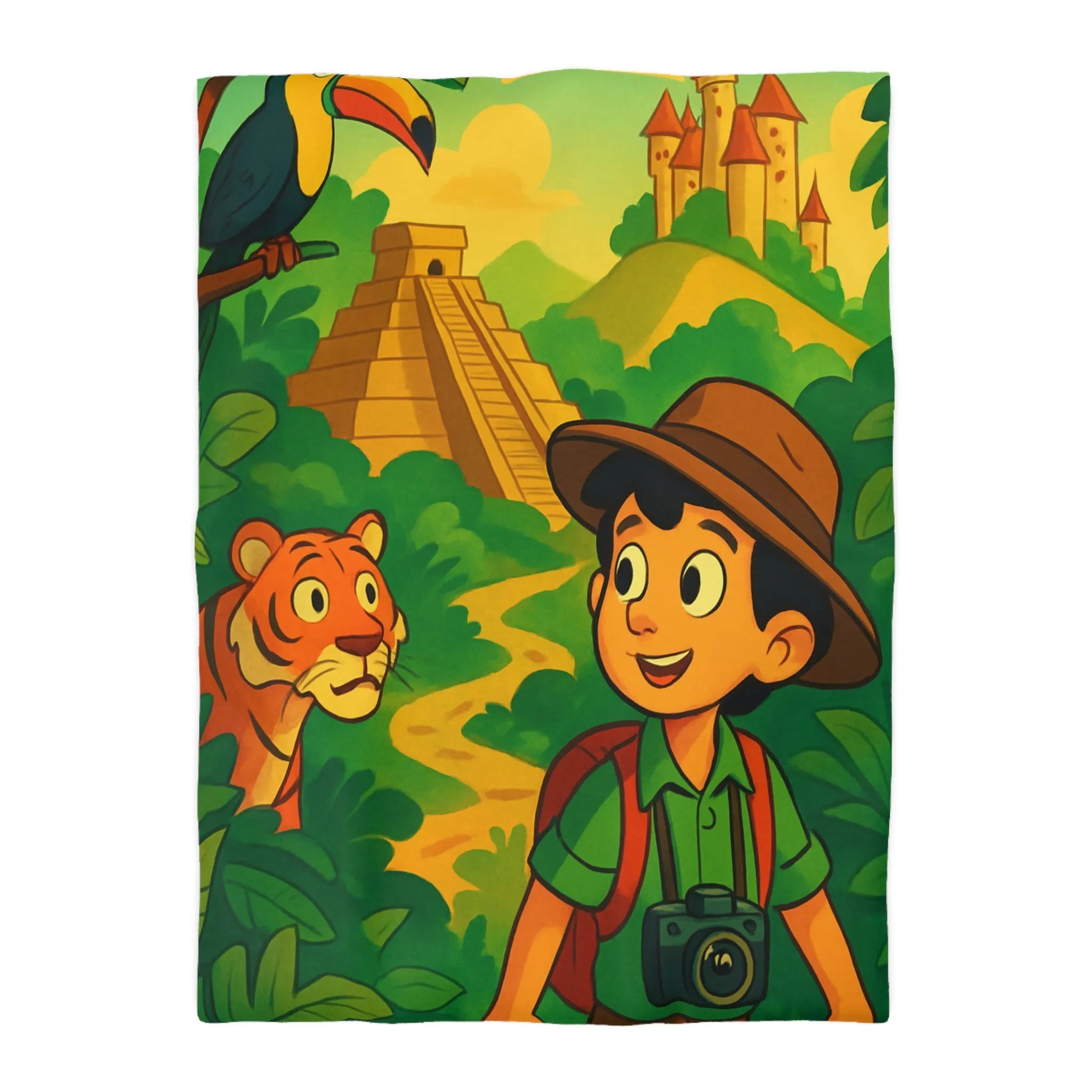 Housse de couette aventure jungle pour enfants avec château et animaux exotiques colorés