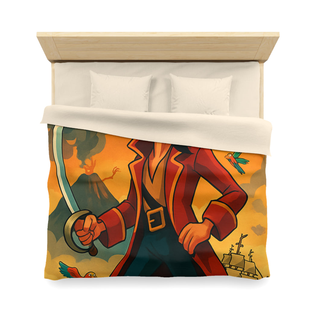 Housse de couette pirate vibrante avec perroquets colorés, volcan actif et bateau en mer